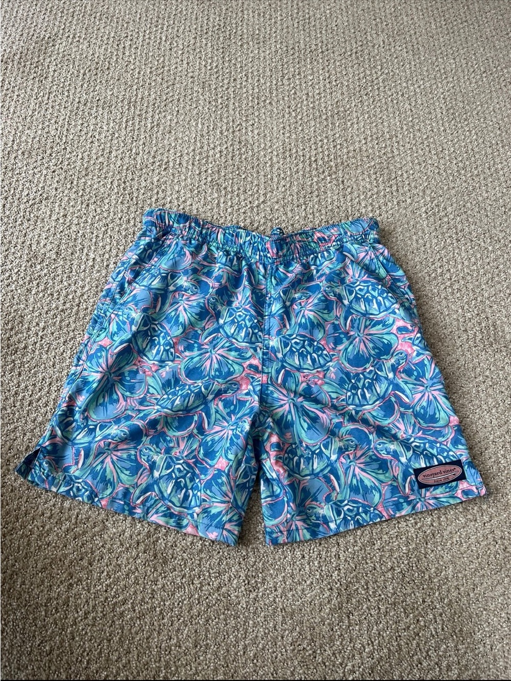 Vineyard Vines Blue Floral Swim Shorts with Pink Accents